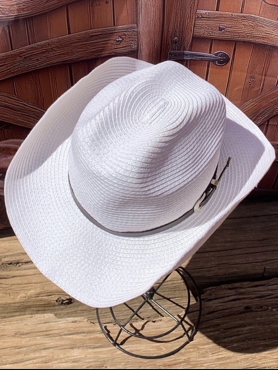 Vintage Accessories - White Straw Cattlemen Cowgirl Hat Adjustable w/Shapable Brim